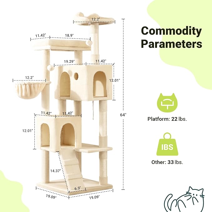 Allewie 64 Inches Cat Tree Tower/Multi-Level Activity Center for Indoor Big Felines/2 Plush Condos/2 Perchs/Basket/House/Sisal Scratching Posts/Hanging Cat Toys/Beige-Mewly Pet