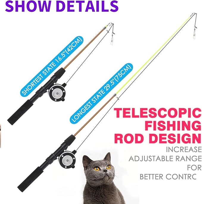 Retractable Cat Teaser Wand Toy, Cat Toys for Indoor Outdoor Cats Interactive Fishing Rod with 8 Pcs Refills Feather Toy, Plush Mouse Caterpillar & Fish-Mewly Pet