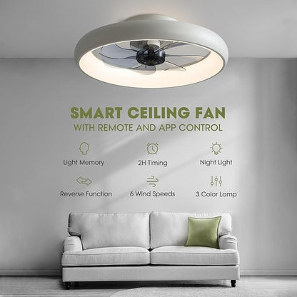 Ceiling Fans with Lights and Remote, 20'' Low Profile Flush Mount, 6 Wind Speeds, Modern Dimmable LED Ceiling Fan, Smart Ceiling Fan for Bedroom, Kids Room (White)