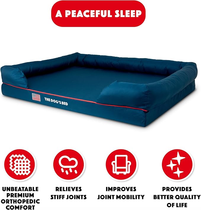 The Dog’s Bed, XXL Blue Oxford with Red Trim USA Flag Dog Bed 51.5x39, Memory Foam, Pain Relief: Arthritis, Post Surgery, Lameness, Supportive, Calming, Waterproof Washable Cover, Veterinary Approved-Mewly Pet