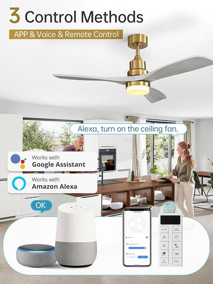 Sofucor 52 Inch Smart Ceiling Fans with Lights and Alexa/Google Assistant/APP/Remote Control-Modern Solid Wood Outdoor 3 Blades Ceiling Fan for Bedroom Living Room Indoor Farmhouse Patio, Grey Gold