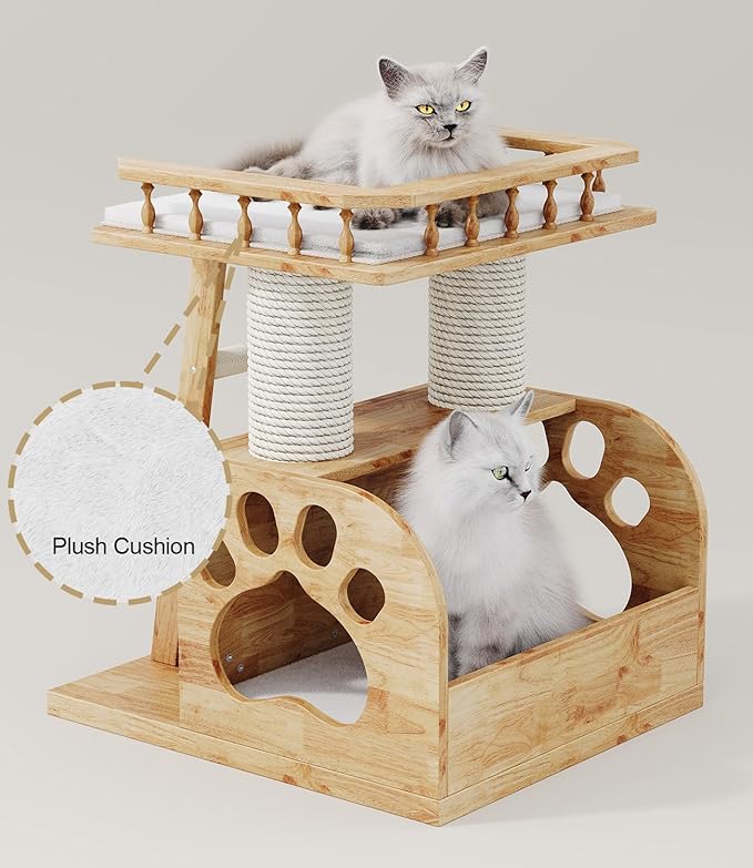 Modern Solid Wooden Cat Tree Tower, 25" Luxury Cats Trees Condo with Scratching Post, 2 Level Heavy Duty for Cat Tower Indoor Cats Adults, Natural Cats Tree House with Washable Cushions-Mewly Pet