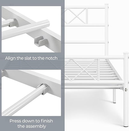 Yaheetech Twin Size Metal Platform Bed Frame with Simple Headboard and Footboard, Mattress Foundation for Under Bed Storage, Steel Slat Support, No Box Spring Needed, Easy Assembly, White