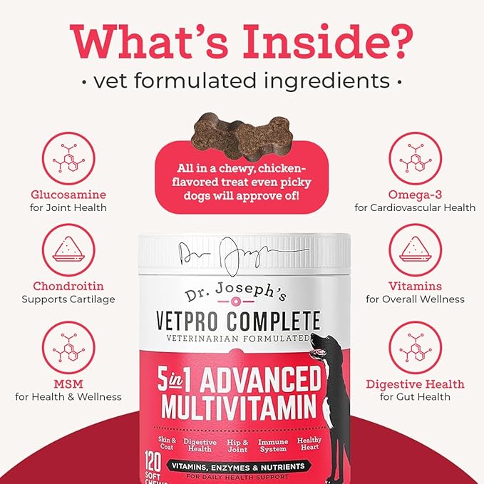 Dr. Joseph's VetPro Complete Multivitamin Dog Supplement, 60 Count (Small Dog 60 Days Supply), 5 in 1 Chew with Vitamins, Enzymes & Nutrients, Hip and Joint Health, Immune System and Allergy Support-Mewly Pet