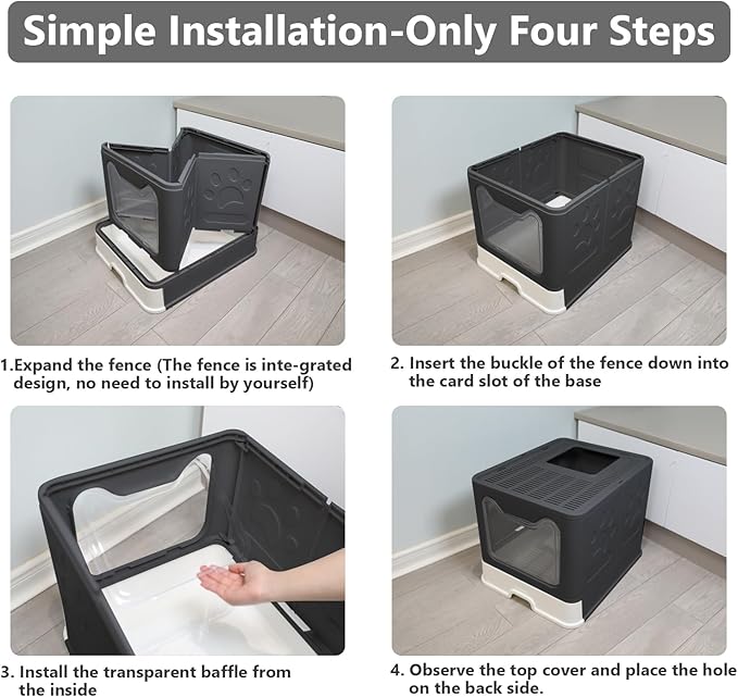 Foldable Cat Litter Box with Lid, Enclosed Potty, Large Top Entry Anti-Splashing Toilet, Easy to Clean Including Litter Scoop and 2-in-1 Cleaning Brush (Black)-Mewly Pet