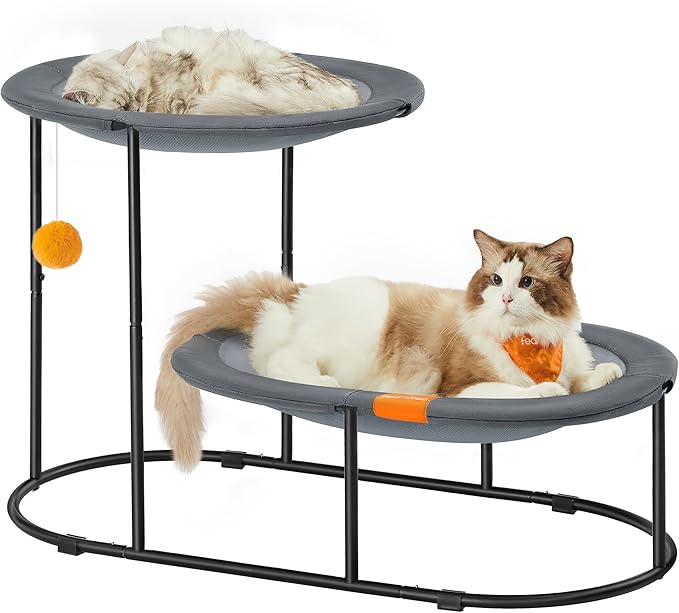 Feandrea 2-Tier Elevated Cat Hammock Bed, Breathable Furniture for Multi-Cat Households Indoor and Outdoor, with Removable Washable Mesh, Steel Frame, for Summer, Dove Gray UPCB012G01-Mewly Pet