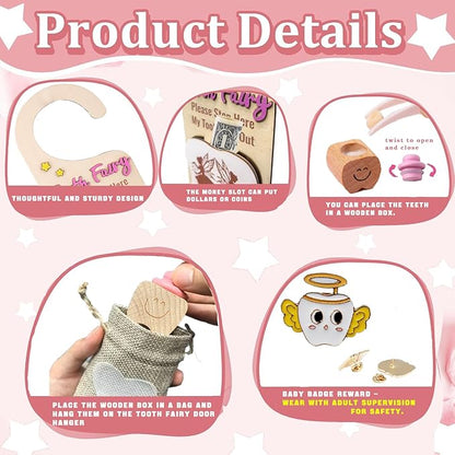 4Pcs Tooth Fairy Door Holder - Wooden Door Hanger Gift Set with Keepsake Box and Bag & Reward Badge, Gifts and Bedroom Decorations Suitable for Lost Teeth Girls and Boys