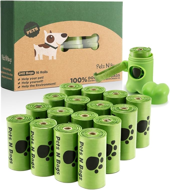 Poop Bags, Environment Friendly Pets N Bags Dog Waste Bags, Biodegradable, Refill Rolls, Includes Dispenser (16 Rolls / 240 Count)-Mewly Pet