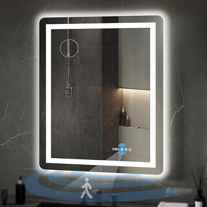 YITAHOME 24 x 32 Inches LED Bathroom Mirror, Front Light and Backlit, Motion Sensor, 10X Magnifying Glass, 3 Colors Dimmable, 5mm Tempered Glass, Anti-Fog, Wall Mounted Mirror-Vertically Only