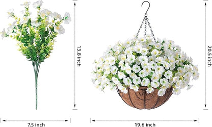 Artificial Fake Hanging Flowers Plants Baskets for Outdoor Decoration, Faux Silk Morning Glory in Planter UV Resistant Realistic for Home Outside Porch Patio Balcony Garden Yard, White