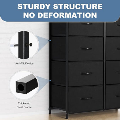 DUMOS 8 Drawer Dresser for Bedroom, Fabric Storage Organizer with Sturdy Metal Frame, Wooden Top Chest of Drawers for Closet Nursery Entryway Guest Room,Matte Black