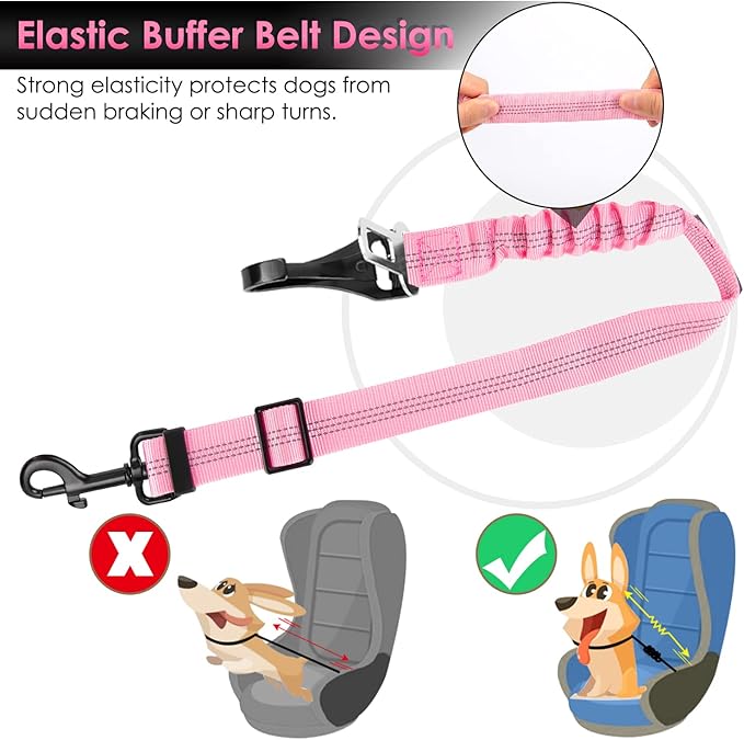 SlowTon Dog Seat Belt, Adjustable Dog Safety Belt Leash, 2 in 1 Latch Bar Attachment Dog Car Seatbelt with Elastic Nylon Bungee Buffer, Reflective Nylon Belt Tether(Pink,35.5in)-Mewly Pet