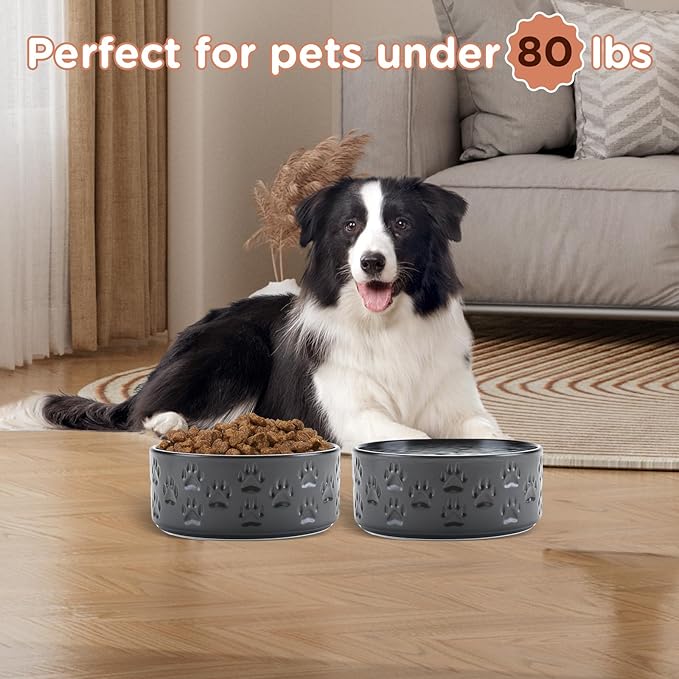 SPUNKYJUNKY Ceramic Dog Bowls 2 Pack, 7.3'' Dog Food Water Double Feeding Bowls Non-Slip for Medium to Large Sized Breed Microwave Dishwasher Safe - 42 OZ, 2pcs, Paw Black-Mewly Pet