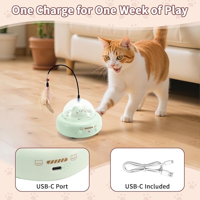 Automatic Cat Toys with Feathers, Interactive Cat Toy for Indoor Exercise, Rechargeable Teasing Toys for Indoor Cats, USB Powered, Smart Standby&Obstacle Avoidance(Green)-Mewly Pet