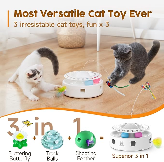 Potaroma Cat Toys 3in1 Automatic Interactive Kitten Toy, Fluttering Butterfly, Moving Feather, Track Balls, Dual Power Supplies, USB Powered, Indoor Exercise Kicker (Bright White)-Mewly Pet