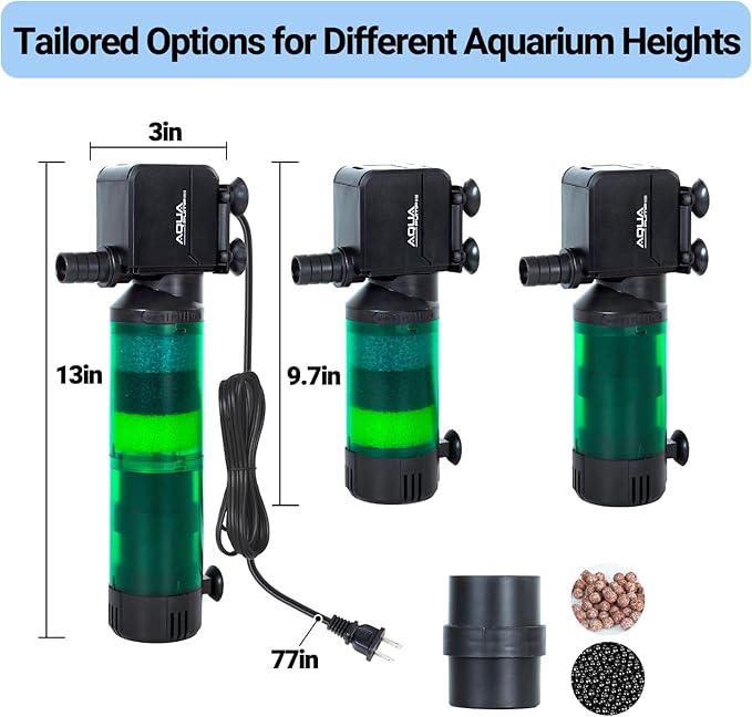 Oiibo 3-in-1 Adjustable Aquarium Filter for 40-150 Gallon, Internal Ceramic Balls&Bio-Sponges Power Water Filter with Air Tube, Silent Submersible Filter, 320GPH (Filter)-Mewly Pet