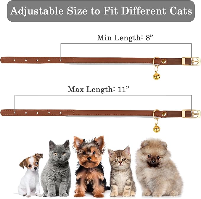 OOPSDOGGY Rolled Leather Cat Collar with Bell - Reflective Kitten Collar with Safety Elastic Strap - Adjustable Small Pet Collars for Boy Girl Cats (Brown)-Mewly Pet