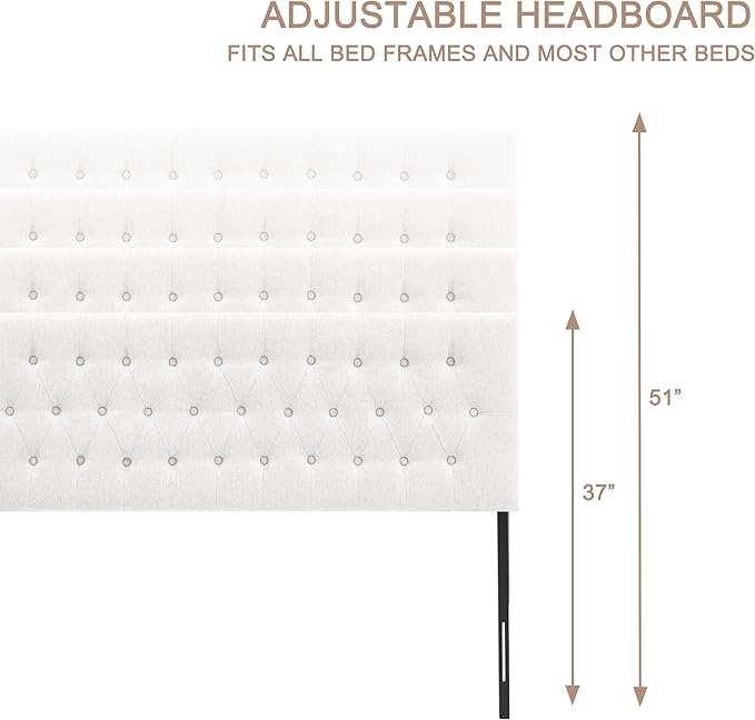 Tufted Upholstered Headboard Queen Size, Solid Wood Head Board with Metal Legs, Adjustable Height Bed headboard from 37" to 51" Fabric Headboard in Modern Button Design, White