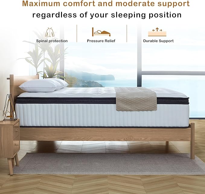 King Size Mattress, 12 Inch Innerspring Hybrid Mattress in a Box with Gel Memory Foam, Individually Wrapped Encased Coil Pocket Spring Mattresses, Pressure Relief, Medium Firm, 76"*80"*12"