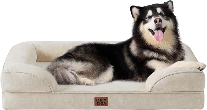 EHEYCIGA Orthopedic Dog Beds for Extra Large Dogs, Waterproof Memory Foam XXL Dog Bed with Sides, Non-Slip Bottom and Egg-Crate Foam Big Pet Couch Bed with Washable Removable Cover, Beige-Mewly Pet