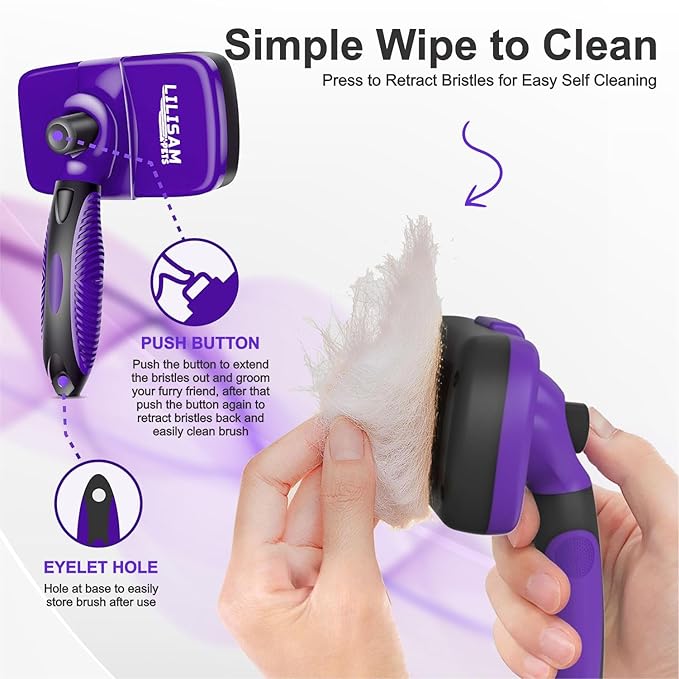 Pet Self Cleaning Slicker Brush and Grooming Comb - Gently Removes Loose Hair, Tangles, and Dirt - Skin Friendly Deshedding Grooming Tool for Hair Dogs & Cats - Pet Supplies Accessories (Purple)-Mewly Pet
