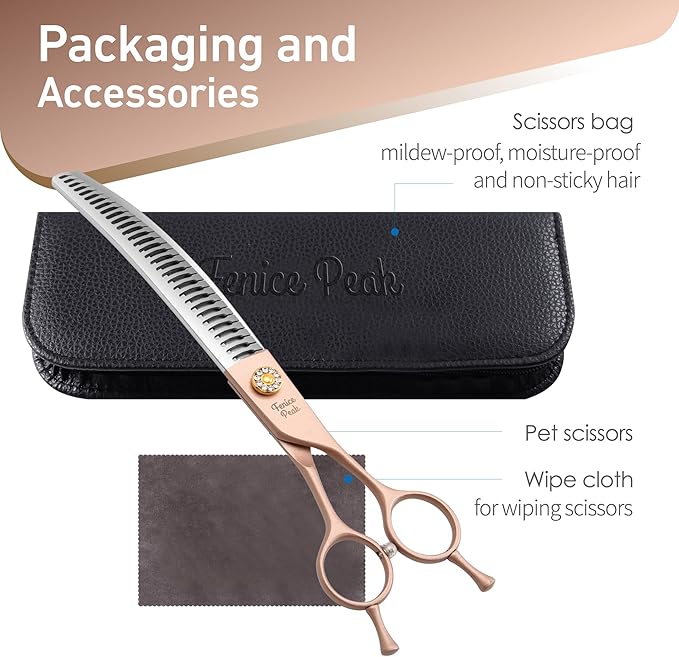 Fenice Peak Professional Curved Chunker Dog Grooming Scissors 7.0'' Rose Gold Thinning Shears Extremely Sharp Blades 440C Stainless Steel Thinning Shears Durable Smooth Fine Cut for Dogs and Cats.-Mewly Pet