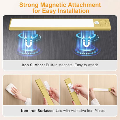 Gritin 10.2inch Under Cabinet Lighting Rechargeable -84 LED Super Bright,3-Color& 5 Level Brightness,4 Modes,Motion Sensor, Long Lasting- Easy Installation Magnetic Closet Lights -2 Pack-Gold