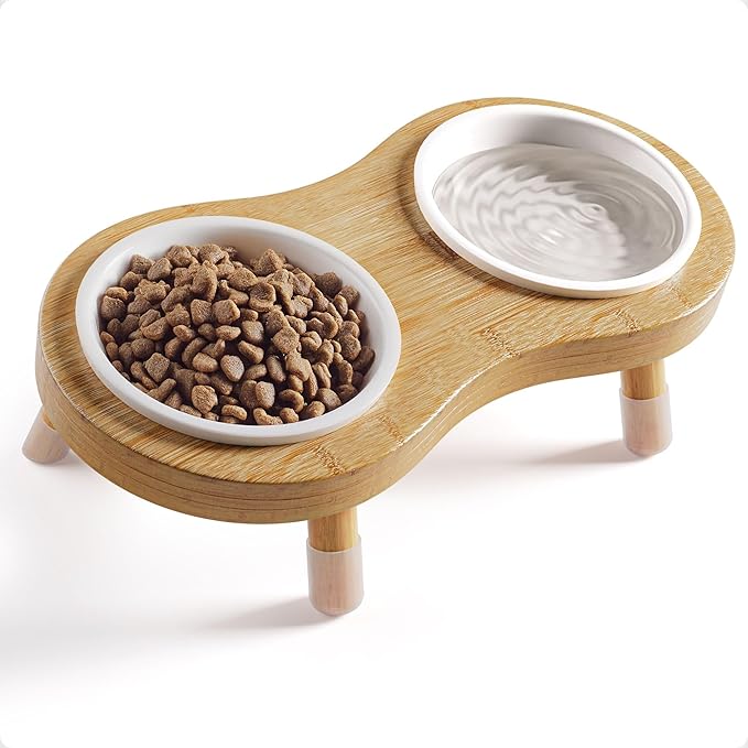 Elevated Cat Bowls - Set of 2 Ceramic Pet Food Bowls with Anti-Slip Bamboo Stand - 15 Degree Titled - Raised Dog Bowl for Small Dogs - Raised Cat Bowl Stand - Pet Feeding Station for Cats & Small Dogs-Mewly Pet