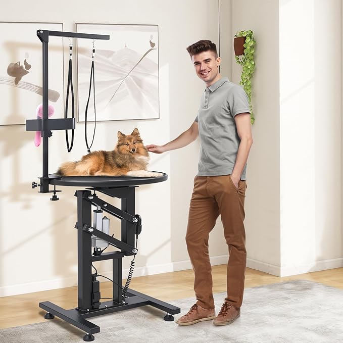 Electric Hydraulic Lift Pet Dog Grooming Table, 24Inch 360° Rotating Grooming Desktop for Small Dogs, with Overhead Arm, Wireless Remote, Tool Organizer, Black-Mewly Pet