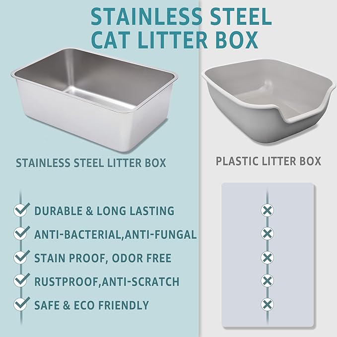 Stainless Steel Litter Box -6in High Side,Metal Litter Box for Cat/Kitty/Rabbits 17" L x 13.8" W x 6" H，Stainless Steel Cat LitterBox-Metal PanToilet,No Smell, Non Stick, Easy Clean.-Mewly Pet