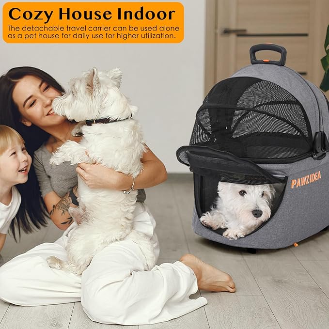 PAWZIDEA Double Pet Stroller with 2 Detachable Carriers, Portable Dog Crate for Car Travel & TSA-Approved Expandable Cat Carrier, Foldable Lightweight Jogger Stroller for 2–4 Cats or Small/Medium Dogs-Mewly Pet