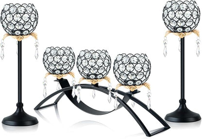 Set of 3 Gold Crystal Tea Light Candlestick Holders Flower Shape with Crystal Pendant Bowl Votive Metal Candle Holder for Table Centerpieces Wedding Home Decor (Set of 3, Black+Gold)