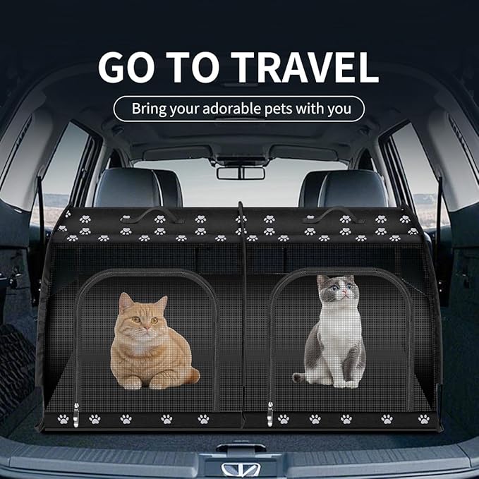 Double Cat Car Travel Carrier, Twin Compartment Show House Cat Cage/Condo，Portable Pet Crate for 2 Cats Travel Double Dog Crate Set for Long Distance Travel-Mewly Pet