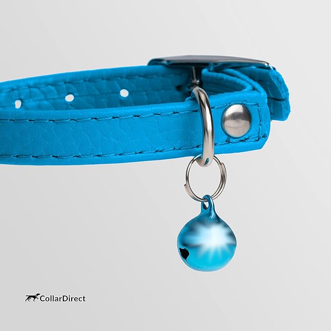 CollarDirect Leather Cat Collar, Kitten Collar with Removable Bell Black Blue Red Orange Lime Green (8-11 Inch, Light Blue)-Mewly Pet