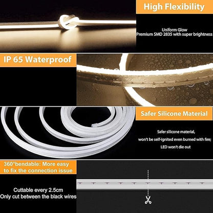 Lamomo LED Neon Lights, 12V Neutral White Dimmable LED Strip Lights, 16.4ft/5m Waterproof LED Neon Rope Lights, Silicone 4500K Neon LED Strip for Bedroom Indoor Home Decor (Power Adapter Included)