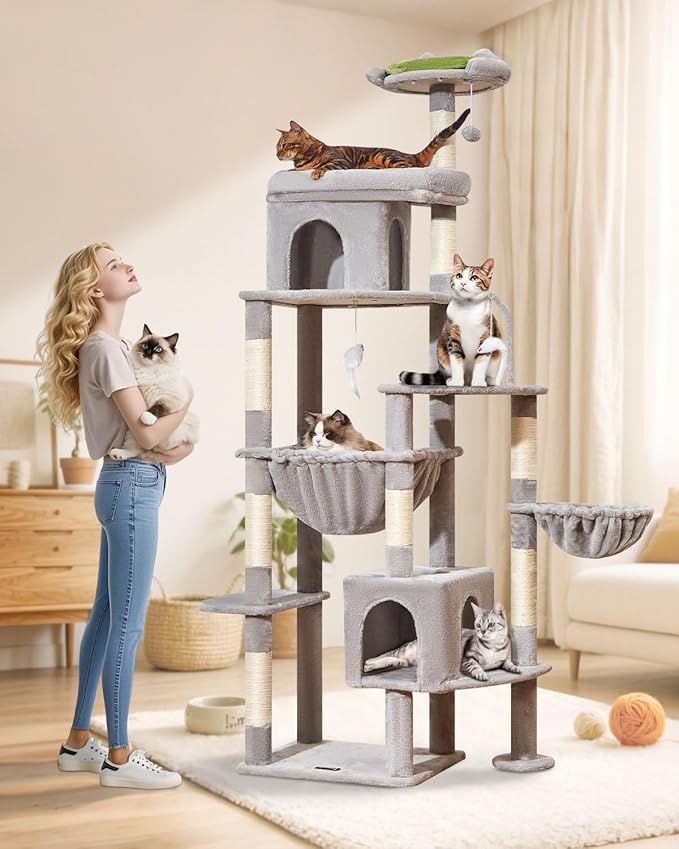 Taoqimiao 83In Heavy Duty Cat Tree, Suitable 20lb+ Large Cats, XXL-Cat Tower for Indoor Cats Large Adult, 2 Luxurious Cat Cando with 8 Scratching Posts,Oversized Metal Hammocks, Light Gray MS032W-Mewly Pet