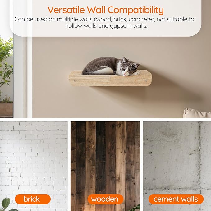 HOOBRO Wood Cat Wall Shelf, Cat Hammock and Wall-Mounted Bed Furniture with Soft Fabric, 18.9" L x 13.8" W, Easy to Install, Holds up to 40 lb, for Lounging, Playing, Sleeping, Natural NL03CS03N1-Mewly Pet