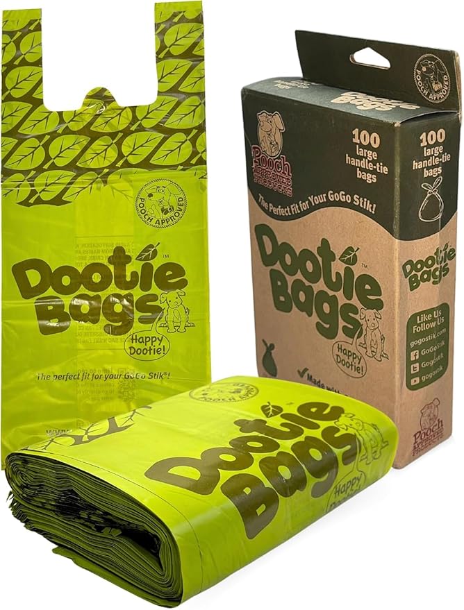 Pooch Approved Large Dootie Bags - Dog Poop Bags - Tie-Handles - 100 Count Dootie Strong and Leakproof - Perfect for Dogs & Cats - Litter - Pet Waste Cleanup - Swivel Bin & GoGo Stik Scoopers-Mewly Pet