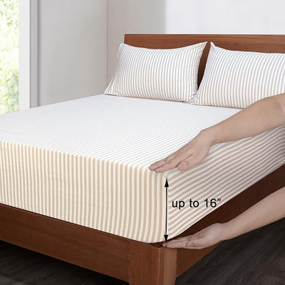 Mejoroom Striped King Size Sheet Set - Soft Microfiber Bed Sheets,Deep Pocket Fitted Sheet, Soft, Breathable, Wrinkle & Fade Resistant - 4 Piece (Beige Stripe)