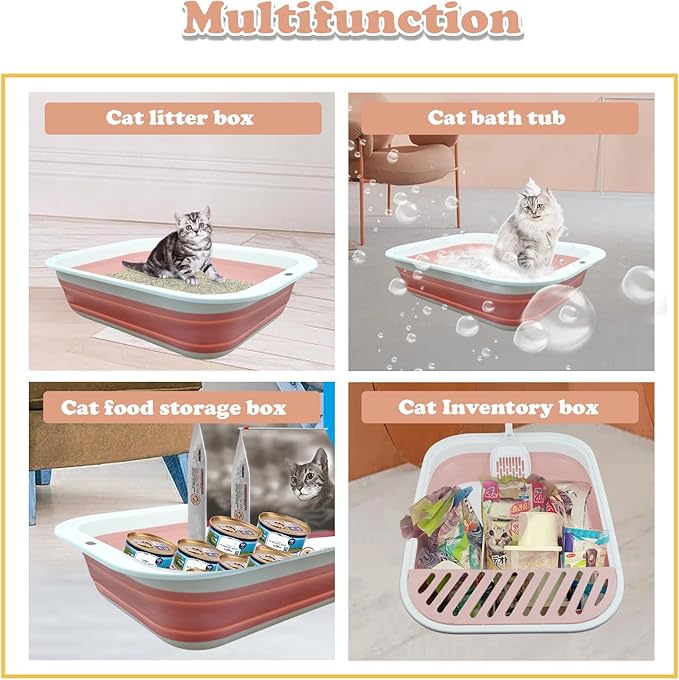 Foldable Cat Litter Box Open Potty Pan Portable Collapsible Cats Litter Boxs Travel Kitten Pan with Scoop Waterproof Low Entrance for Kitten and Easy Clean 17.7"×13.4"x4.9"(Pink)-Mewly Pet