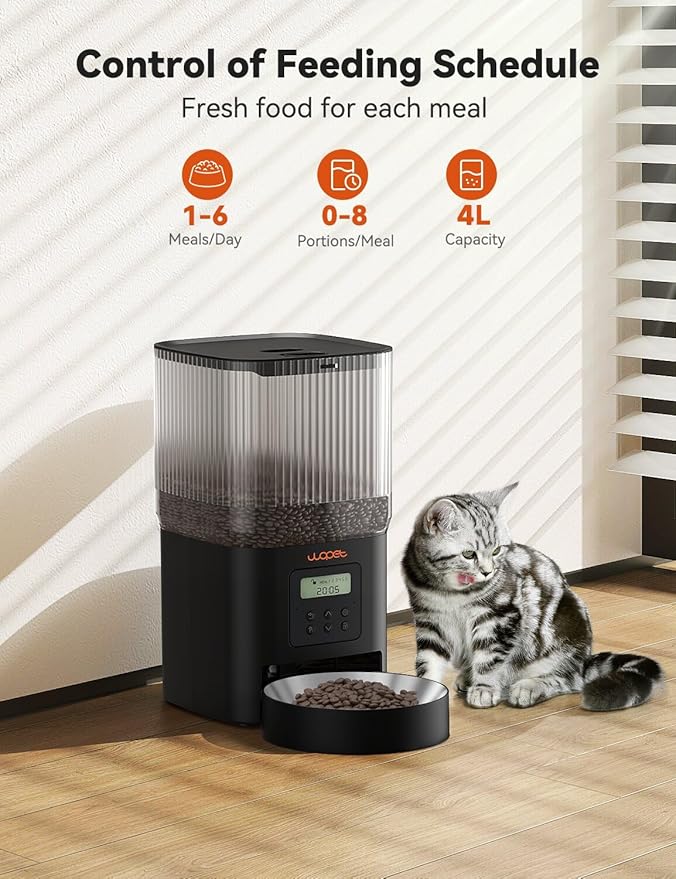 WOPET Automatic Cat Feeder, WiFi Dog Feeder with APP Control for Remote Feeding, Automatic Cat Food Dispenser with 10S Voice Record,1-10 Meals Per Day for Cats and Dogs (Black-Standard)-Mewly Pet
