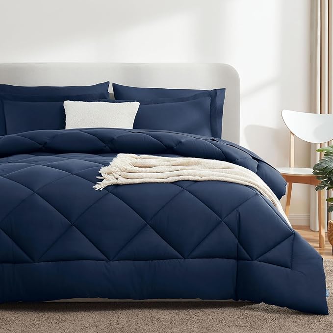 CozyLux King Size Comforter Set Navy Blue - 7 Pieces Bed in a Bag King, Luxury Soft Bed Set for All Seasons, Bedding Set with Down Alternative Comforter, Sheets, Pillowcases & Shams