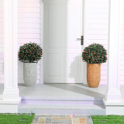 Yunlly Set of 2 Artificial Boxwood Topiary Ball Tree Fake Bushes Shrubs Outdoor Faux Plant with Ground Spike Flowers UV Resistance Greenery for Front Porch Garden Patio Indoor(Orange,27x18inch)