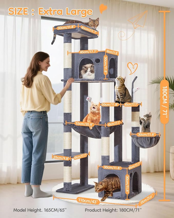 Taoqimiao Heavy Duty Cat Tree for Large Cats 20lbs+, 71 Inches Tall Cat Tower, 2 Cat Condo with 6 Scratching Posts, Super Large Hammcock, Cat Toys, Cozy Basket, Smoky Gray, MS037G-Mewly Pet