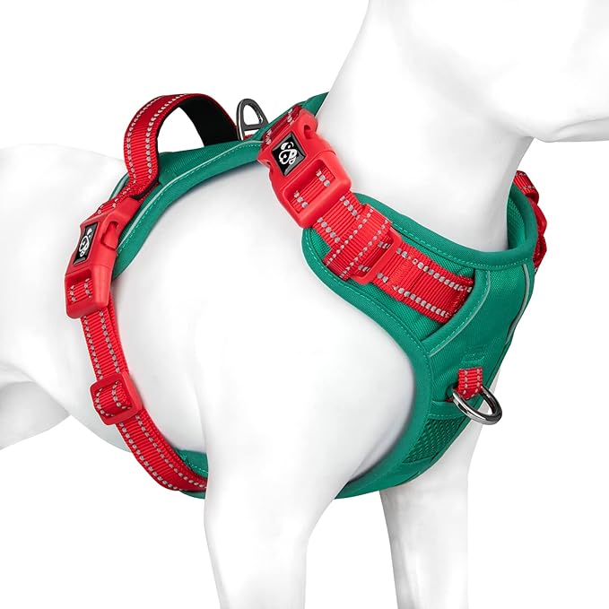 PHOEPET No Pull Dog Harness, Unique Colors Reflective Adjustable Dog Vest, with Soft Training Handle Metal Clips for Small Medium Large Dogs (Dark Green Base & Red Straps,S)-Mewly Pet
