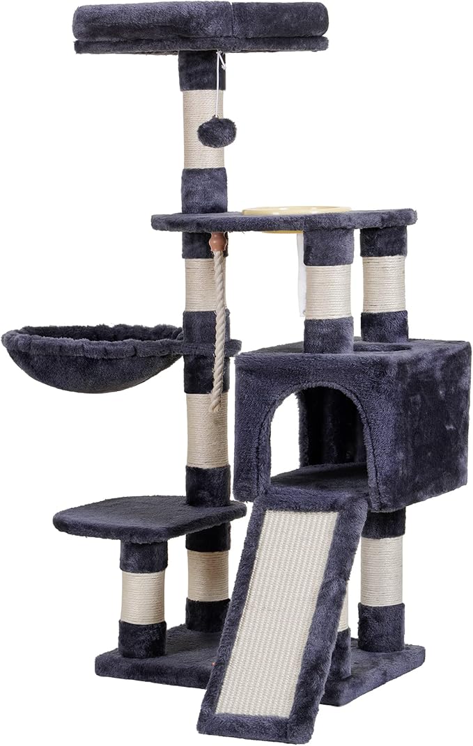 Heybly Cat Tree, Cat Tower for Indoor Cats with Scratching Board, Multi-Level Cat Furniture Condo with Feeding Bowl Smoky Gray HCT010SG-Mewly Pet