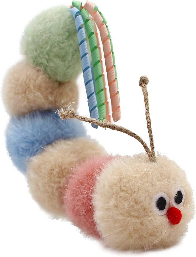 Interactive Natural Catnip Kicker, with Rattle and Ribbon, Bite Resistant, for All Ages Indoor Cat, Soft Caterpillar Kicker, Fluffy Kitten Toy-Mewly Pet