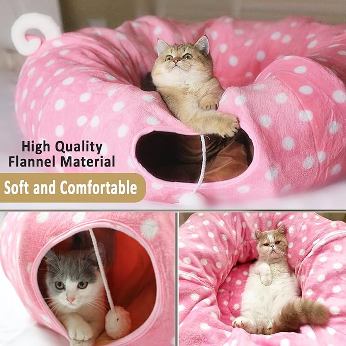 AUOON Cute Cat Donut Tunnel - Round Cat Tunnel Bed with Washable Cushion Interactive Cat Toy for Indoor Cats Kitten Kitty Puppy Rabbit Ferret (Pink)-Mewly Pet