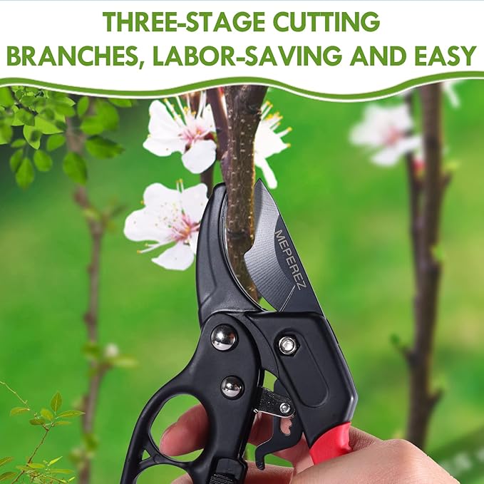 Ultra Sharp Germany Steel Pruning Shears - Cuts 3X Easier, Weak Hand Arthritis Snips, Rust-Resistant, Effortlessly 1-Inch Cut Capacity Garden Scissors, Ergonomic Handle (Reddish balck)-Mewly Pet