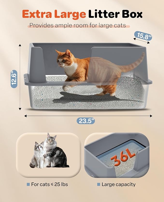 Stainless Steel Litter Box with Lid, 23.5" L x 15.8" W x 12.6" H, XL Metal Cat Box for Big Cats, High Sided Kitty Litter Box with Scoop & Pee Pads, Non-Sticky, Anti-Leakage, Easy to Clean (Gray)-Mewly Pet